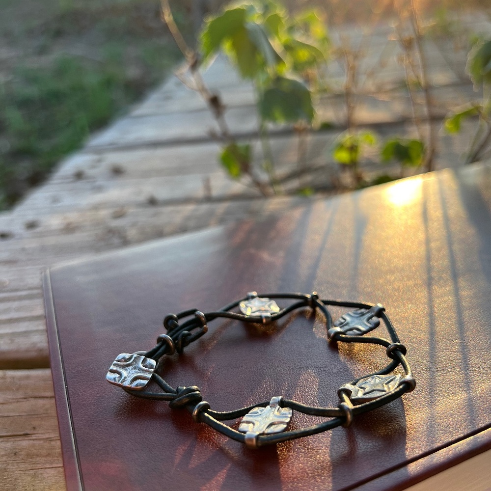 Handcrafted Leather and Sterling Silver Bracelet Star & Cross Detail
